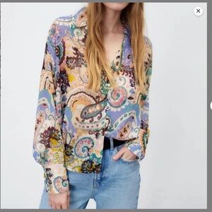 Zara semi-sheer blouse with multicolor paisley print Size Medium